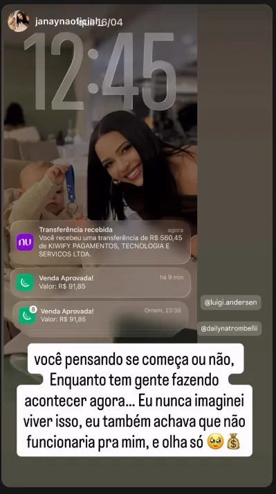 Story de aluna mostrando vendas aprovadas na tela de bloqueio